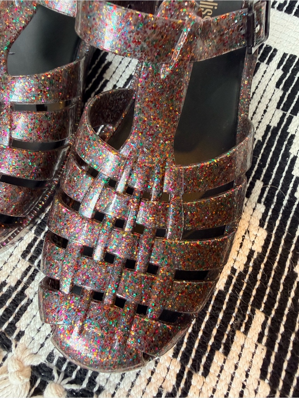 Melissa Glitter Jelly Fisherman Sandals - Black with Multicolor Sparkle, Size 8 - Picture 8 of 9
